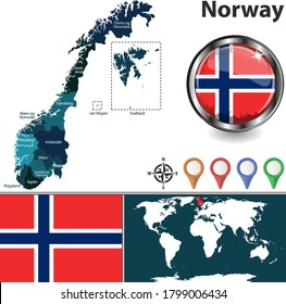 Norway map with named counties and location on world map. Vector image