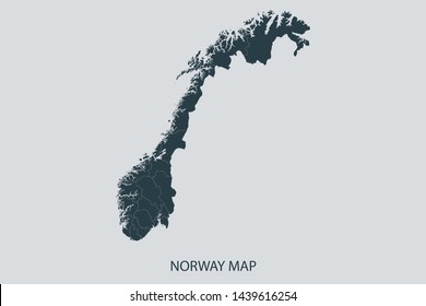 Norway map on gray background vector, Norway Map Outline Shape Gray on White Vector Illustration, Map with name. High detailed Gray illustration map Norway.