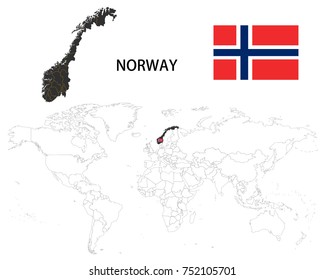 Norway map on a world map with flag on white background.