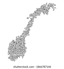 Norway map from pattern of black latin alphabet scattered letters. Vector illustration.
