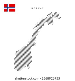 Norway map from pattern of black slanted parallel lines. Norwegian map with gray diagonal lines. Silhouette of a country made of oblique hatching. Vector illustration isolated on white.