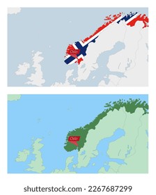 Mapa de Noruega con pin de capital del país. Dos tipos de mapas de Noruega con países vecinos. Plantilla de vectores.