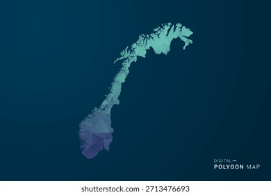 Mapa da Noruega - Ilustração do vetor estilo polígono com gradiente azul-escuro, baixo design geométrico poly, digital e tecnologia inspirada, Silhueta limpa no fundo escuro.