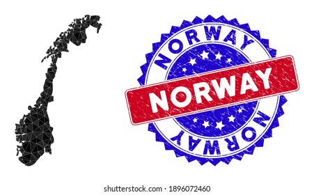 Norway map polygonal mesh with filled triangles, and scratched bicolor stamp print. Triangle mosaic Norway map with mesh vector model, triangles have randomized sizes, and positions, and color tones.