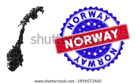 Norway map polygonal mesh with filled triangles, and scratched bicolor stamp print. Triangle mosaic Norway map with mesh vector model, triangles have randomized sizes, and positions, and color tones.