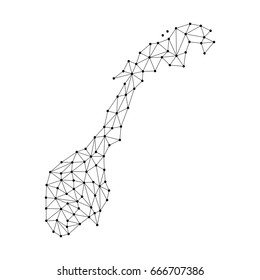 Norway map of polygonal mosaic lines network, rays and dots vector illustration.