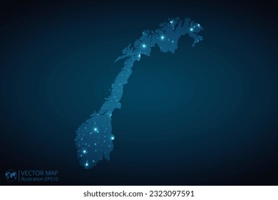 Noruega mapea el patrón de puntos radiales en estilo futurista, diseña un contorno de círculo azul brillante hecho de estrellas. concepto de comunicación sobre fondo azul oscuro. EPS10 vectores