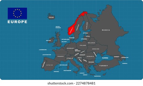 Norway Map, Norway red highlighted in EUROPE map, flat design illustration vector