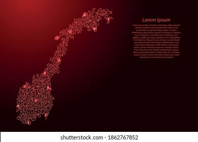 Norway map from red pattern latin alphabet scattered letters and glowing space stars grid. Vector illustration.