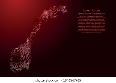 Norway map from red pattern of the maze grid and glowing space stars grid. Vector illustration.