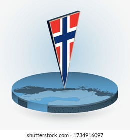 Norway map in round isometric style with triangular 3D flag of Norway, vector map in blue color. 