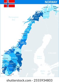 Norway Map Vector Blue Spot - Customizable layered political map of Norway with administrative divisions for website, education, reports, news, politics, print, poster and wallpaper