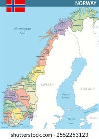 Norway Map Vector New 2024 Colorful - Anpassbare mehrschichtige politische Karte von Norwegen mit administrativen Abteilungen für Website, Bildung, Berichte, Nachrichten, Politik, Druck, Poster und Tapete