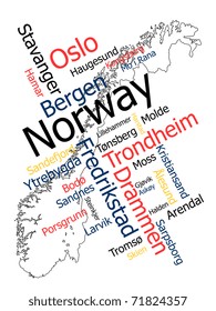 Norway map and words cloud with larger cities