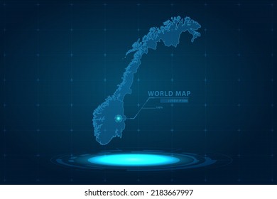 Norway Map - World Map International vector template with Hologram in perspective style and HUD, GUI, UI interface isolated on blue background for design - Vector illustration eps 10