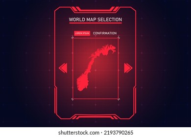 Norway Map - World Map International vector template with Red Color in perspective style and HUD, GUI, UI interface isolated on black background for design - Vector illustration eps 10