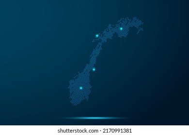 Norway Map - World Map vector template with dots, grid, grunge, halftone style and light, network line, design sphere on blue technology background -  Vector illustration eps 10