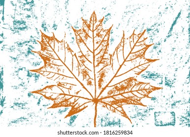 Norway Maple Leaf on Grunge Background Vintage Print Style Template for Autumn Fall Decoration - Rusty Orange on Turquoise Backdrop - Vector Stamp Graphic Design