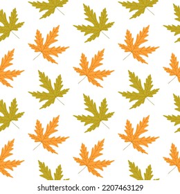 Norway maple tree leaves autumn seamless pattern on white background. Simple cute kids yellow green falling foliage template. Vector illustration.