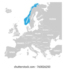 Norway marked by blue in grey political map of Europe. Vector illustration.