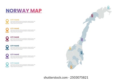 Norway Modern Map Infographic Template, Detailed infographic map of Norway Popular City