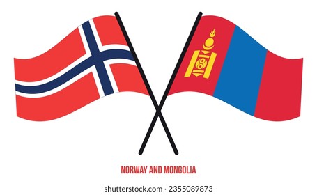 Norway and Mongolia Flags Crossed And Waving Flat Style. Official Proportion. Correct Colors.