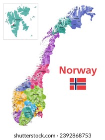 Norway municipalities high detailed vector map colored by administrative regions (counties). All municipalities and capital cities are named. Flag of Norway