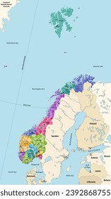 Norway municipalities high detailed vector map colored by administrative regions (counties), with neighbouring countries and territories. All municipalities and capital cities are named