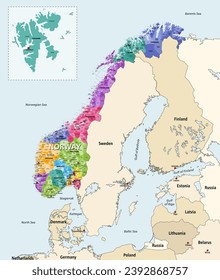 Norway municipalities high detailed vector map colored by administrative regions (counties). Norway surrounded by other countries map