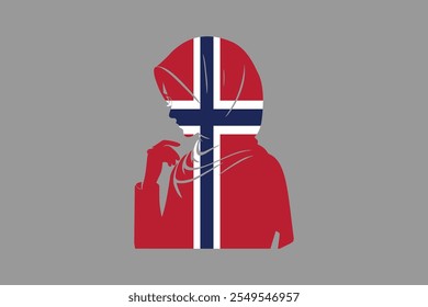 Noruega Menina muçulmana vestindo a bandeira da França hijab, bandeira da Noruega vetor gráfico, bandeira da Noruega país é um símbolo de liberdade, bandeira nacional da Noruega, ilustração vetorial
