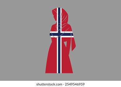 Noruega Menina muçulmana vestindo a bandeira da França hijab, bandeira da Noruega vetor gráfico, bandeira da Noruega país é um símbolo de liberdade, bandeira nacional da Noruega, ilustração vetorial
