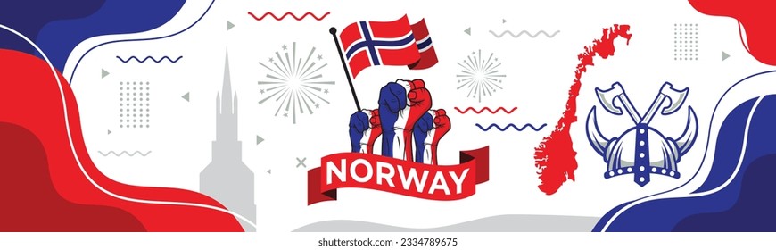 Diseño de pancartas del Día Nacional de Noruega. Bandera noruega y tema del mapa con fondo del casco Viking de Oslo