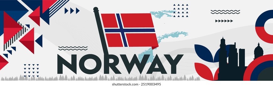 Diseño de Anuncio del día nacional de Noruega. Bandera noruega y fondo del tema del mapa. Abstractas Formas geométricas retro. Noruega Ilustración vectorial escandinava.