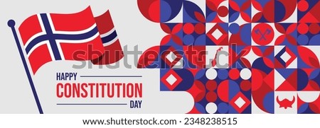 Norway national day banner design. Norwegian flag and map theme with Oslo Viking helmet background.