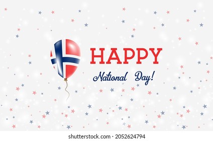 Norway National Day patriotic poster. Flying Rubber Balloon in Colors of the Norwegian Flag. Norway National Day background with Balloon, Confetti, Stars, Bokeh and Sparkles.