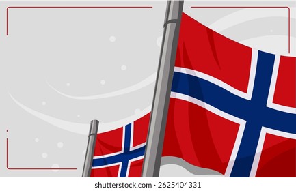 Norway National Day, waving flags on flagpoles – background, banner, vector illustration