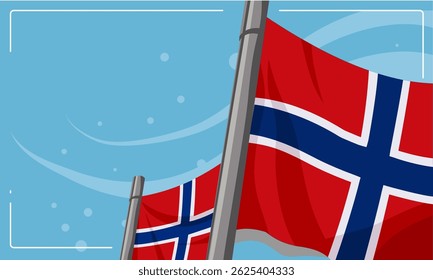 Norway National Day, waving flags on flagpoles – background, banner, vector illustration