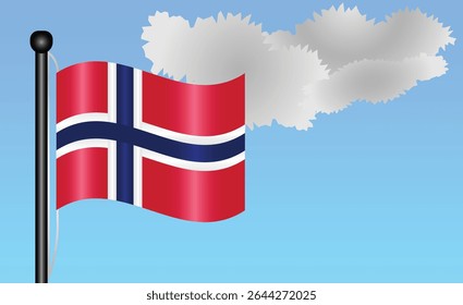 Norway national flag waving against a bright blue sky. representing national pride, unity, and heritage in Europe with its vibrant colors and iconic design. Patriotic symbol of identity or pride