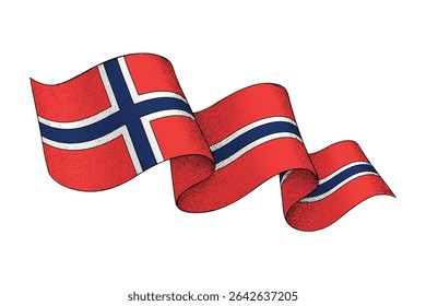 Norway national flag waving ribbon shape with engraved vintage texture