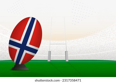 Norway national team rugby ball on rugby stadium and goal posts, preparing for a penalty or free kick. Vector illustration.