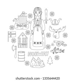 Norway national traditional doodle icons vector set