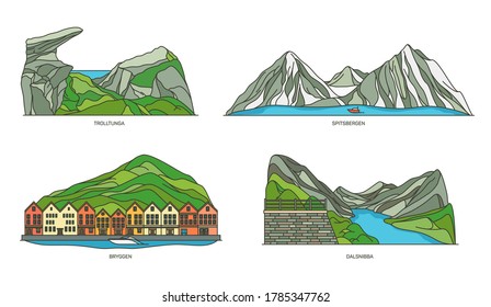 Norway natural landmarks or landscape icons set