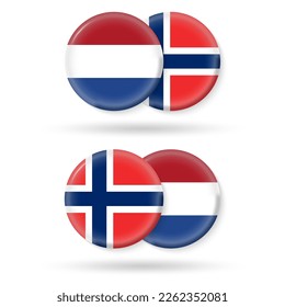 Norway and Netherlands circle flags. 3d icon. Round Dutch and Norwegian national symbols. Vector illustration.