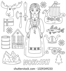 Norway norwegian symbols doodle line icons vector set