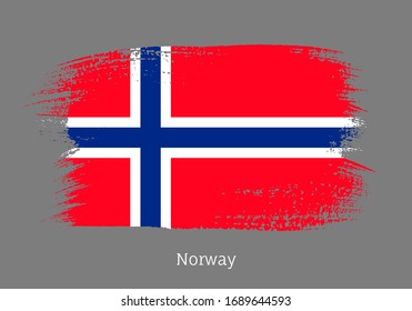 Norway official flag in shape of paintbrush stroke. Norwegian national identity symbol. Grunge brush blot object isolated on white background vector illustration. Norway country patriotic stamp.
