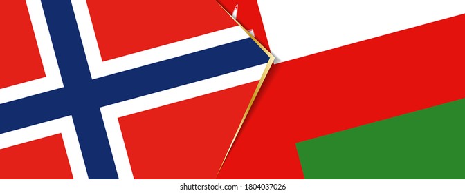 Norway and Oman flags, two vector flags symbol of relationship or confrontation.