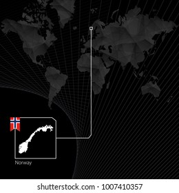 Norway on black World Map. Map and flag of Norway.
