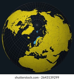 Norway on Globe. Country view on the world map in Charcoal Bright Yellow color palette. Norway shape on map. Globe with meridians, parallels, countries, rivers and lakes. Classy vector illustration.