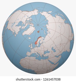 Norway on the globe. Earth hemisphere centered at the location of the Kingdom of Norway. Norway map.