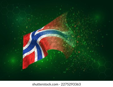 Norway, on vector 3d flag on green background with polygons and data numbers